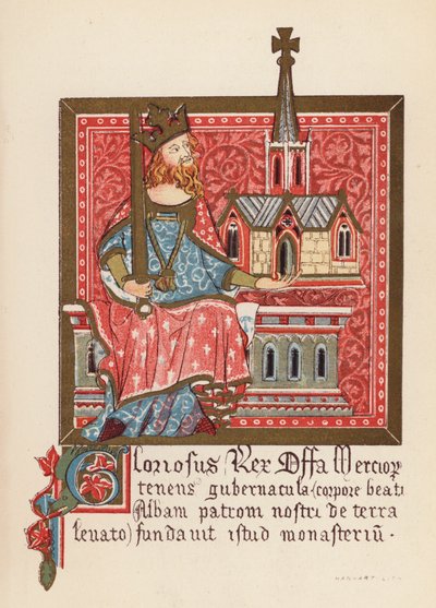 Offa, Mercia Kralı (renkli taş baskı) by English School