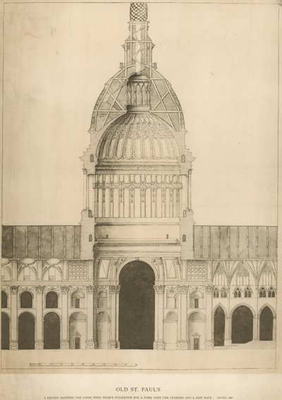 Eski St Paul Katedrali; bir kubbe için Sir Christopher Wrens ile Koro önerisini gösteren bir bölüm by English School