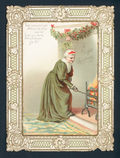 Ateşi körükleyen yaşlı kadın, Noel kartı by English School