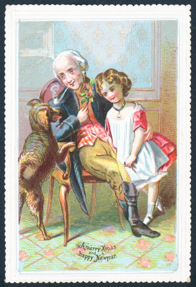 Kız ve köpek, Noel kartı ile sandalyede oturan yaşlı beyefendi by English School