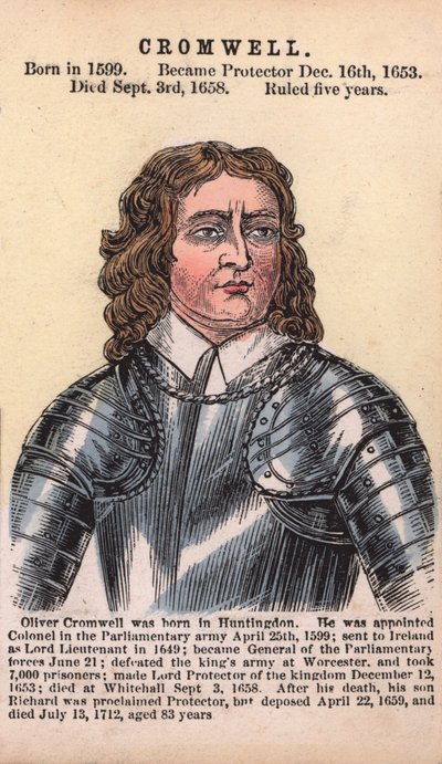 Oliver Cromwell, Koruyucu (renkli gravür) by English School