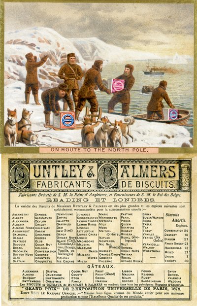Kuzey Kutbuna Giden Yolda, Fransız pazarı için üretilmiş Huntley & Palmers Biscuits için bir promosyon kartının ön ve arka yüzü, 1890 by English School
