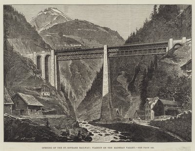 St Gothard Demiryolu'nun açılışı, Maderan Vadisi'ndeki Viyadük (gravür) by English School