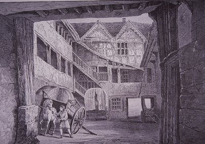 New Inn, Gloucester (ahşap oyma) avlusunda ata katılan Ostler by English School