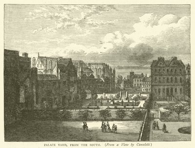 Canaletti tarafından bir görünümden güneyden Palace Yard (gravür) by English School