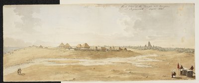 Büyük Jagannath Tapınağı Panoraması, Puri (Orissa), batıdan çekilmiş, deniz kıyısında ön planda Avrupa bungalovlarını gösteriyor, Eylül 1820 (kağıt üzerine suluboya) by English School