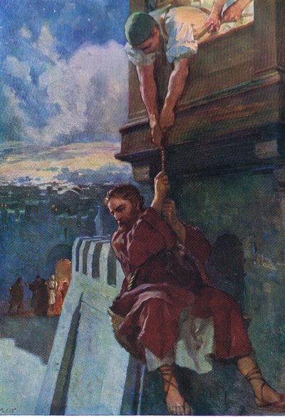 Paul'ün Şam'dan kaçışı, Thomas Nelson tarafından yayınlanan The Bible Picture Book'tan, 1950 dolayları (renkli lito) by English School