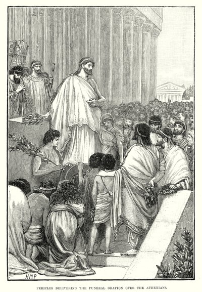 Perikles Atinalılara cenaze konuşmasını yaparken (gravür) by English School