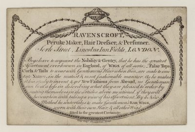 Peruke yapımcısı, Ravenscroft, ticaret kartı by English School