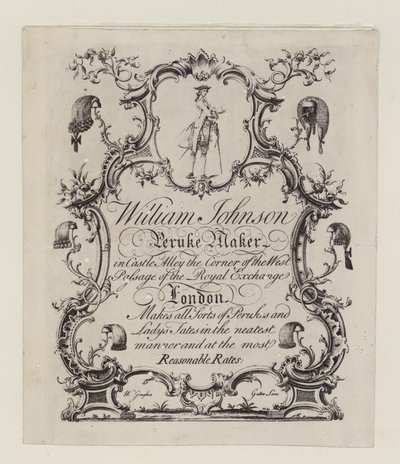 Peruke yapımcısı, William Johnson, ticaret kartı by English School