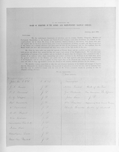 Görme bozukluğu nedeniyle işten çıkarılan bir çalışan adına Londra ve Kuzey-Batı Demiryolu Şirketi Yöneticilerine yapılan dilekçe, 1861 by English School