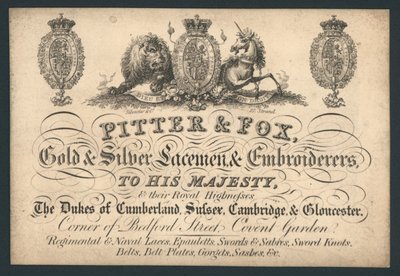 Pitter ve Fox, Gold and Silver Laceman ve Nakışçılar, Bedford Street, Covent Garden, ticaret kartı by English School