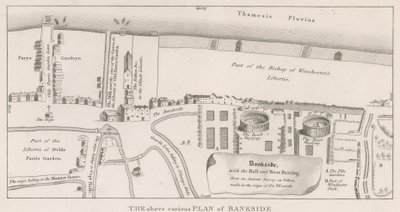Kraliçe Elizabeth döneminde yapılan ve Boğa ve Ayı Yemini gösteren eski bir araştırmaya dayanan Thames Nehri üzerindeki Bankside Planı by English School
