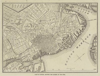 Yangının Büyüklüğünü gösteren Boston Planı (gravür) by English School