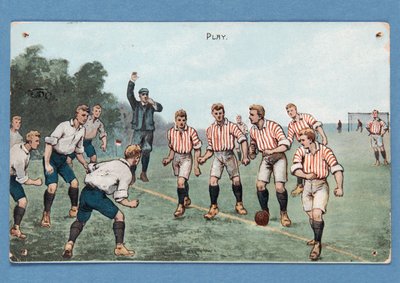 Oyun, bir futbol maçını gösteren kartpostal; by English School