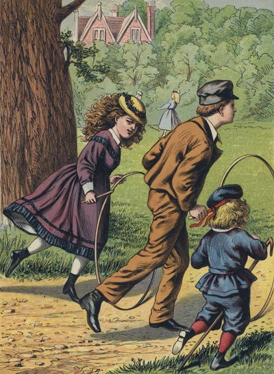 Parkta çemberlerle oynamak (renkli taşbaskı) by English School