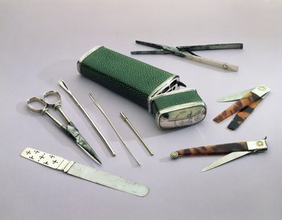 Küçük operasyonlar için cerrah aletleri içeren Cep Etui (shagreen, gümüş, çelik ve kaplumbağa kabuğu) by English School
