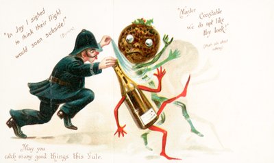 Polis memuru Noel pudingi ve bir şişe şarap, Noel Kartı peşinde. by English School