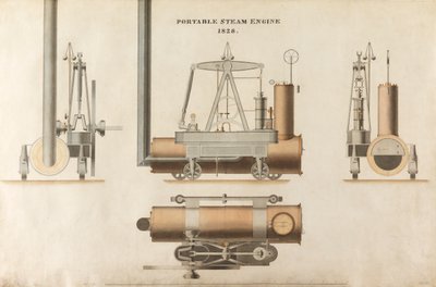 Maudsley, Sons & Field, 1828 tarafından tasarlanan portatif buhar motoru (kağıt üzerinde kalem & mürekkep ve wc) by English School