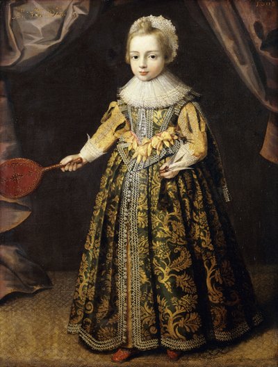 3 Yaşında Bir Çocuğun Portresi, Altın İşlemeli Yeşil Elbiseli, Dantelli Şapkalı ve Rufflu, Bir Battledore ve Raketle Tutan Tam Boy, 1605 by English School