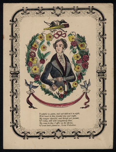 Yakışıklı bir adamın portresi, Sevgililer Günü şiiri (renkli gravür) by English School