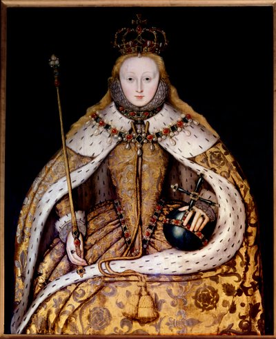 Kraliçe Elisabeth I'in taç giyme cübbesi içindeki portresi, yaklaşık 1600 (panel üzerine yağlı boya) (tuval üzerine yağlı boya) by English School