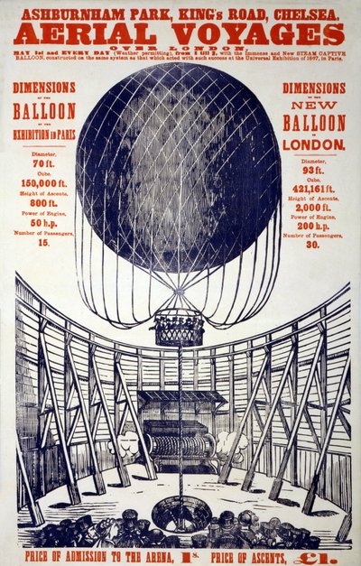 "Londra Üzerinde Hava Yolculukları"nı tanıtan poster, pub . 1867 (Renkli Litograf) by English School