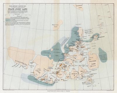 Franz Josef Land olarak bilinen adalar grubunun ön taslak haritası by English School