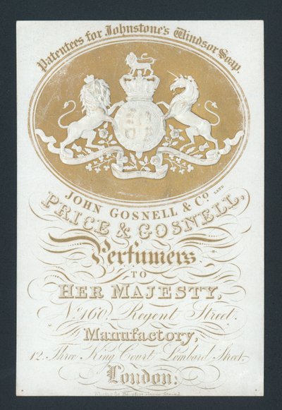 Price and Gosnell, Parfümörlerden Majestelerine, ticari kart by English School