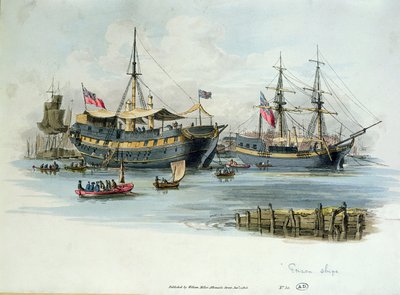 Napolyon Savaşları sırasında İngilizler tarafından Fransız mahkumları barındırmak için kullanılan Hapishane Gemileri, 1805 (renkli gravür) by English School