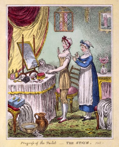 Tuvaletin Gelişimi - The Stays Plate 1, pub. McCleary, Londra, 1810 (el boyaması gravür) by English School