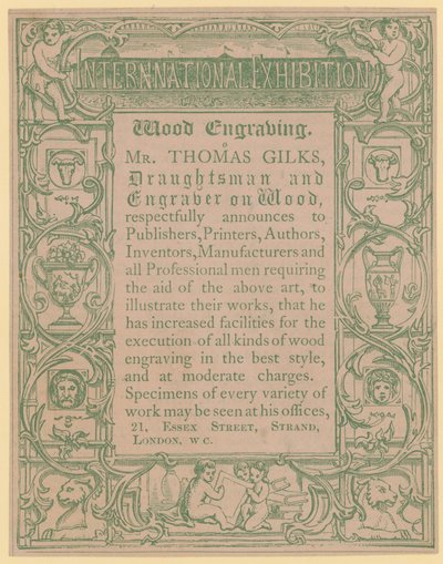 Ahşap üzerine teknik ressam ve oymacı Thomas Gilks için promosyon kartı by English School