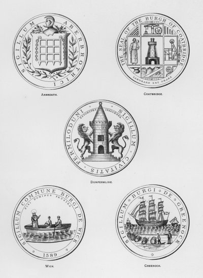 Kamu silahları: Arbroath; manto köprüsü; Dunfermline; Fitil; Greenock (gravür) by English School