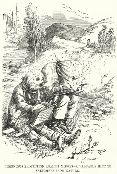 Punch karikatür: Midges'e Karşı Ustaca Koruma - Eskizciler için Doğadan Değerli Bir İpucu (gravür) by English School