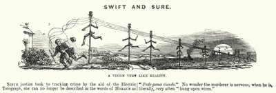 Punch karikatür: Swift ve Sure - suç takibinde elektrikli telgraf kullanımı (gravür) by English School