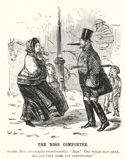 Yumruk karikatürü: Burun Yorganı - burnunu soğuğa karşı koruyan adam (gravür) by English School