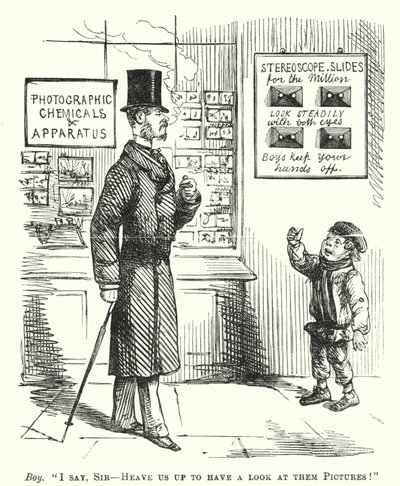 Punch karikatür: bir fotoğraf dükkanının dışındaki çocuk, stereoskopik slaytlara bakabilmesi için kaldırılmasını istiyor (gravür) by English School