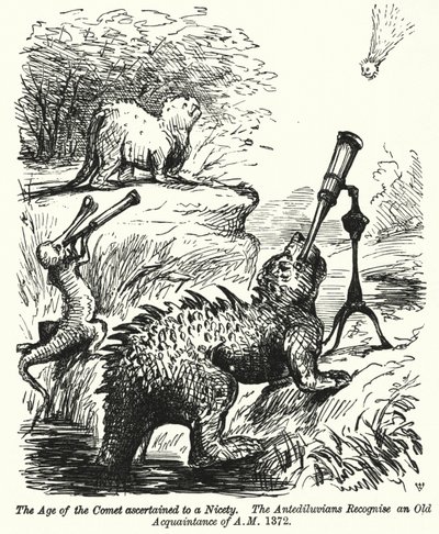 Punch karikatür: kuyruklu yıldızı izleyen dinozorlar (gravür) by English School