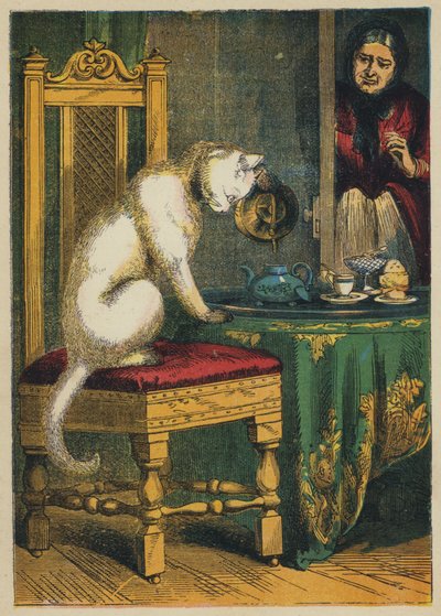 Puss Çay Yapıyor (renkli taş baskı) by English School