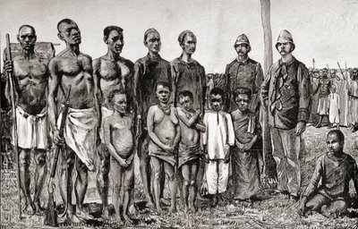 Pigme yerlilerin İngiliz subaylarla karşılaştırılması, Sudanlılar ve Zanzibarlılar, 1890 (ahşap oymacılığı) by English School