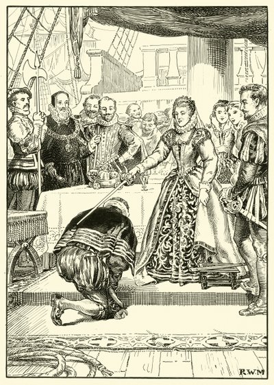 Kraliçe Elizabeth Altın Hind Gemisinde (kağıt üzerine mürekkep) by English School