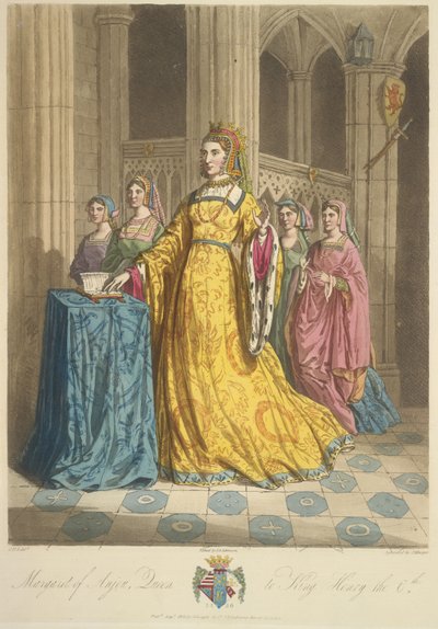 Anjou Kraliçesi Margaret, Sir Samuel Rush Meyrick'in 'The Costume of the Original Inhabitants of the British Islands...' kitabından illüstrasyon by English School