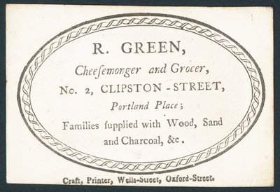 R Green, cheesemonger ve bakkal, ticari kart by English School