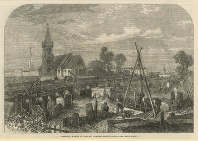 Eski St Pancras Kilise Bahçesindeki demiryolu çalışmaları (gravür) by English School