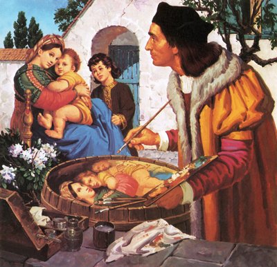 Raphael, bir şarap fıçısının tepesinde madonna ve çocuğu resmediyor. by English School