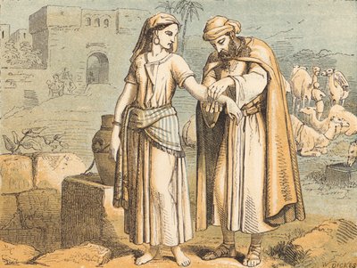 Kuyudaki Rebekah (renkli gravür) by English School