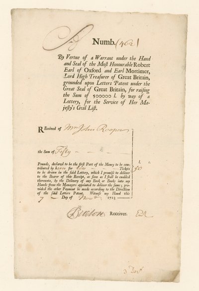 1713 Sivil Liste Piyango Makbuzu by English School