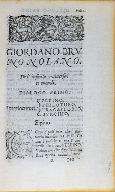Res 28610 Giordano Bruno'nun De lInfinito Universo et Mondi'nin ilk sayfası, Londra'da yayınlandı, 1584 (basılı kağıt) by English School