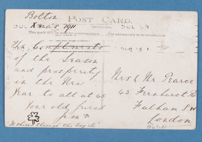 Bolton Wanderers FC oyuncuları kartpostalının arka yüzü, 1911-12 by English School
