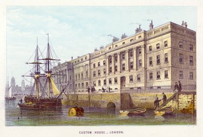 Thames Nehri: Custom House, Londra (renkli gravür) by English School